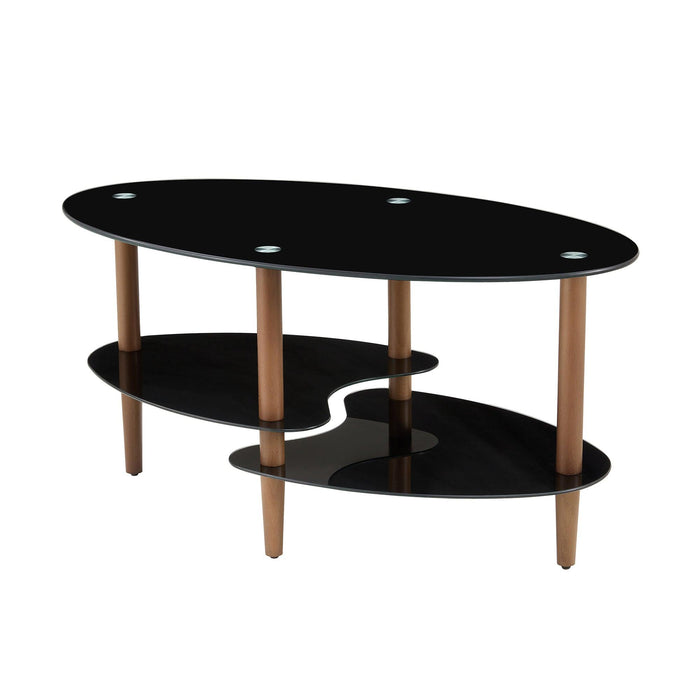 Black Oval glass coffee table,Modern table in living room Oak wood leg tea table 3-layer  glass table