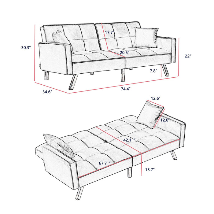 Velvet Sofa Couch Bed with Armrests and 2 Pillows for Living Room and Bedroom - Cream White