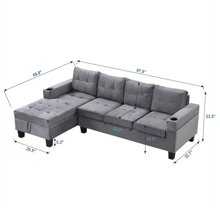 Sectional Sofa Set for Living Room with L Shape  Chaise Lounge ,cup holder and  Left  Hand withStorage Chaise Modern 4 Seat (Grey) 
--LEFT CHAISE WITHStorage