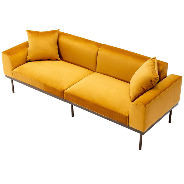 Modern Velvet Sofa with Metal Legs,Loveseat Sofa Couch with Two Pillows for Living Room and Bedroom, Mustard