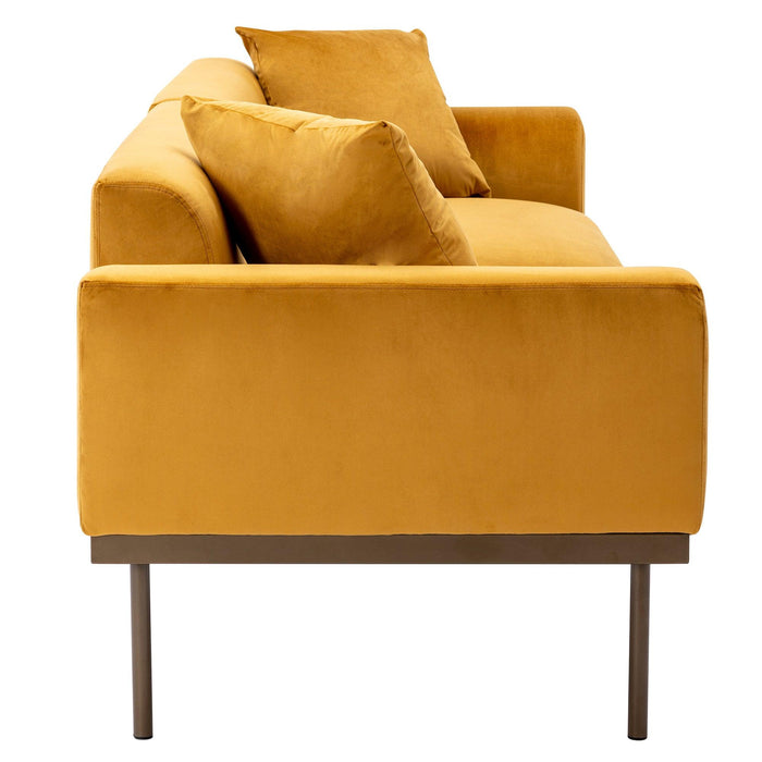 Modern Velvet Sofa with Metal Legs,Loveseat Sofa Couch with Two Pillows for Living Room and Bedroom, Mustard