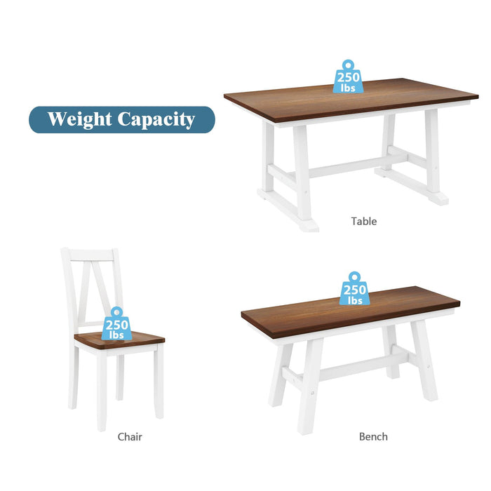 6-Piece Wood Dining Table Set Kitchen Table Set with Long Bench and 4 Dining Chairs, Farmhouse Style, Walnut+White