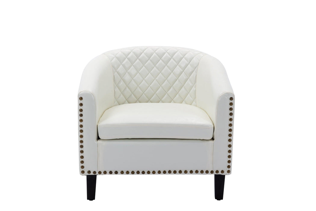 accent Barrel chair living room chair with nailheads and solid wood legs  white  pu leather