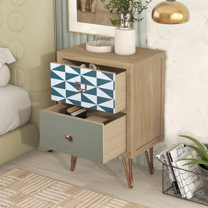 Wooden Nightstand with Two Drawer and Metal FeetModern Style Bedside Table (Natural)