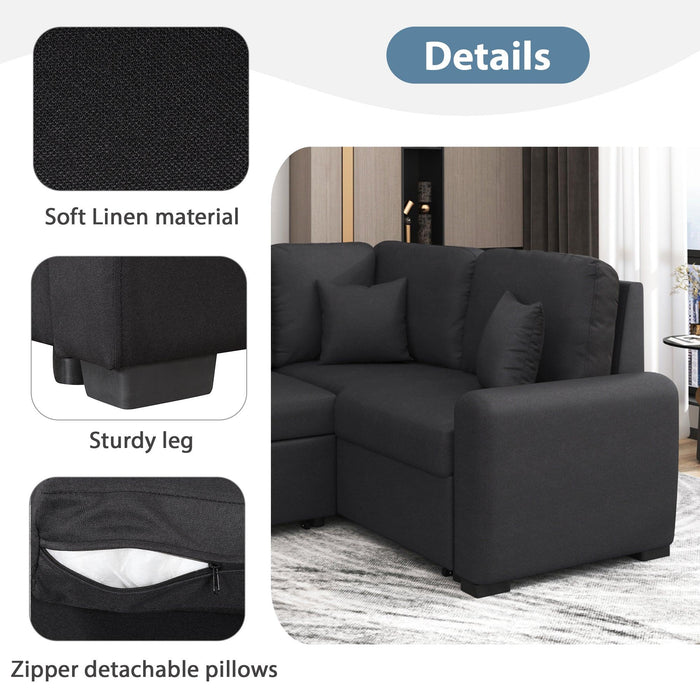 76.7"Sectional Sleeper Sofa with USB Charging Port and Plug Outlet,Pull-Out Sofa Bed with 3 Pillows, L-Shape Chaise for Living Room Small Apartment,Black