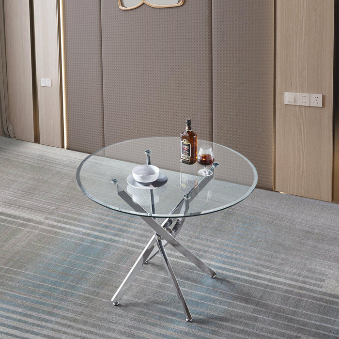 Contemporary Round Clear Dining Tempered Glass Table with Silver Finish Stainless Steel Legs