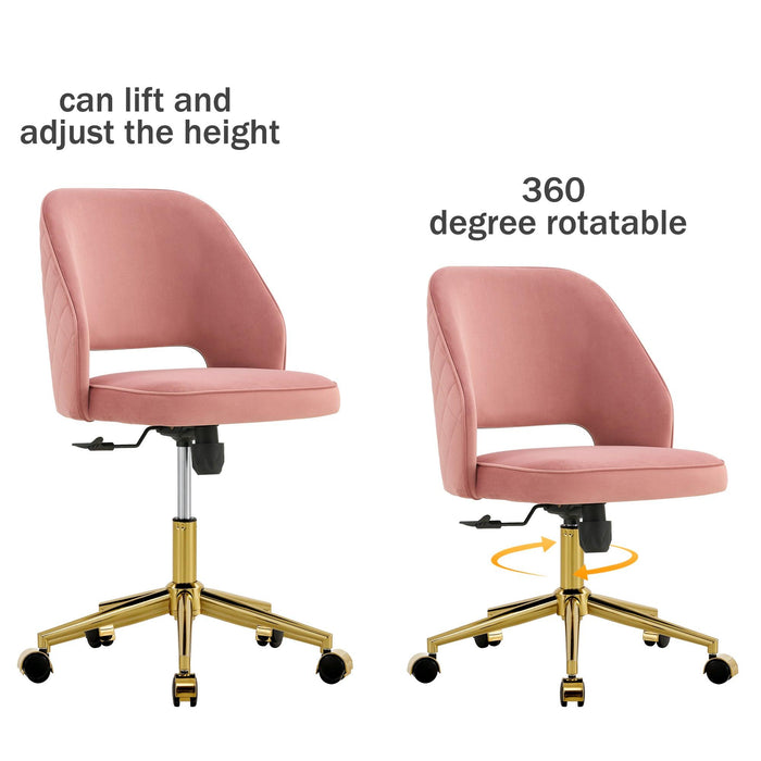 Modern Home Velvet Office Chairs, Adjustable 360 °Swivel Chair Engineering Plastic Armless Swivel Computer Chair With Wheels for Living Room, Bed Room Office Hotel Dining Room .Pink