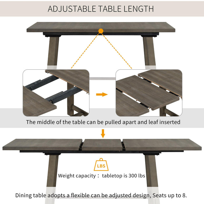 Retro Industrial Style 7-Piece Dining Table Set Extendable Table with 18” Leaf and Six Wood Chairs 
(Gray)