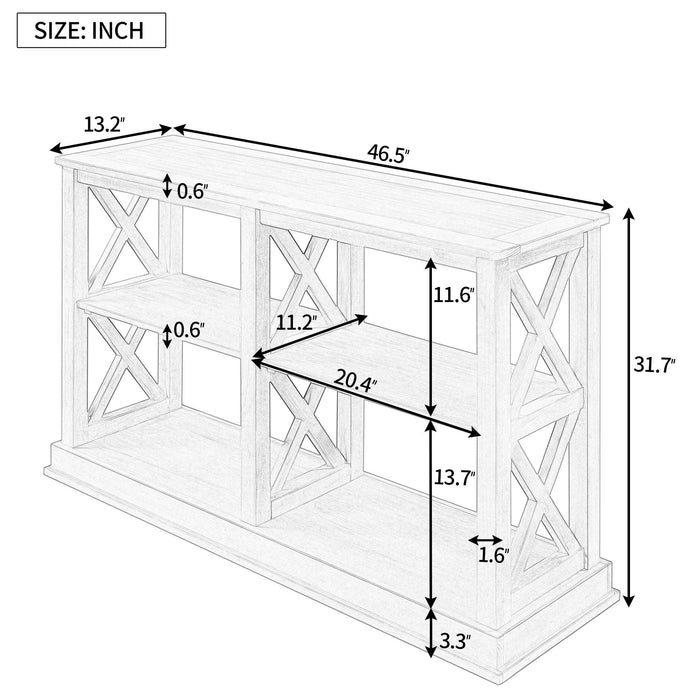 Console Table with 3-Tier OpenStorage Spaces and "X" Legs, Narrow Sofa Entry Table for Living Room (White)