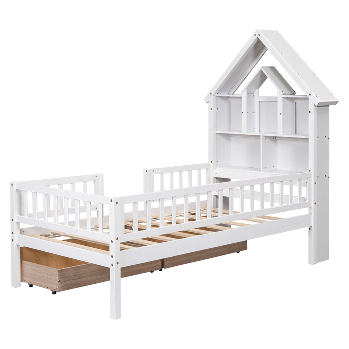 Twin Size House-Shaped Headboard Bed with Fence Guardrails and Drawers ,White