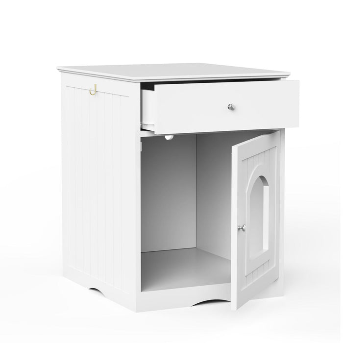 Wooden Pet House Cat Litter Box Enclosure with Drawer, Side Table, Indoor Pet Crate, Cat Home Nightstand (White)