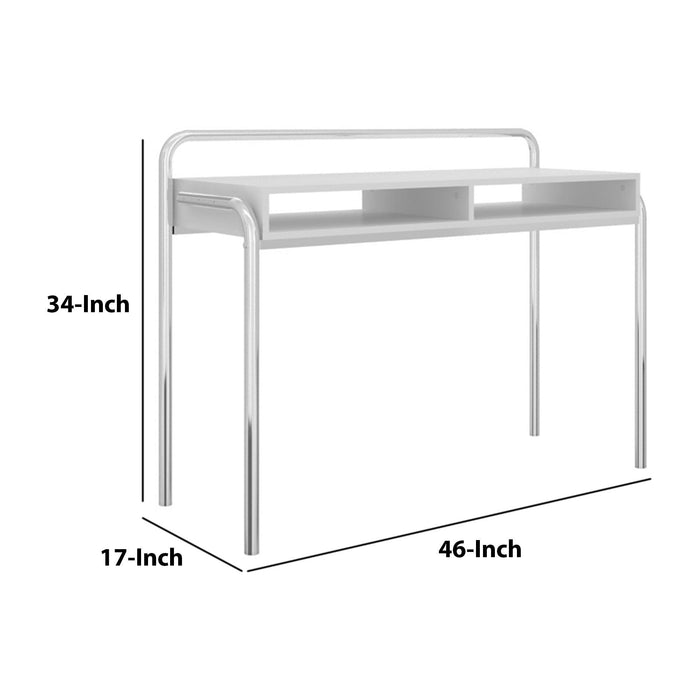 Office Desk with 2 Compartments and Tubular Metal Frame, White and Chrome