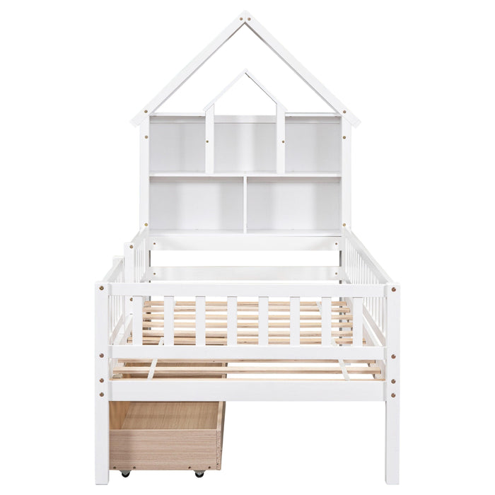 Twin Size House-Shaped Headboard Bed with Fence Guardrails and Drawers ,White