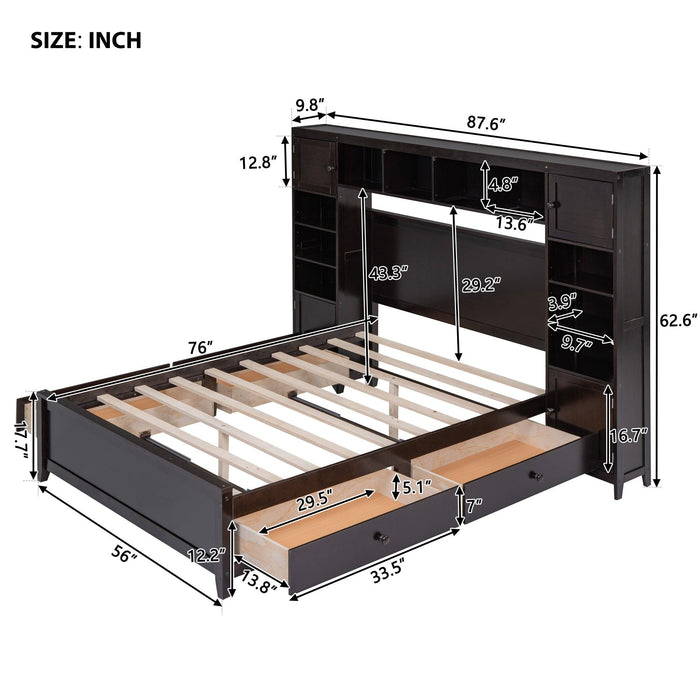 Full Size Wooden Bed With All-in-One Cabinet and Shelf, Espresso