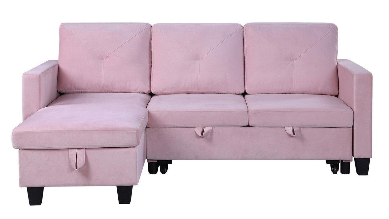 Nova Pink Velvet Reversible Sleeper Sectional Sofa withStorage Chaise