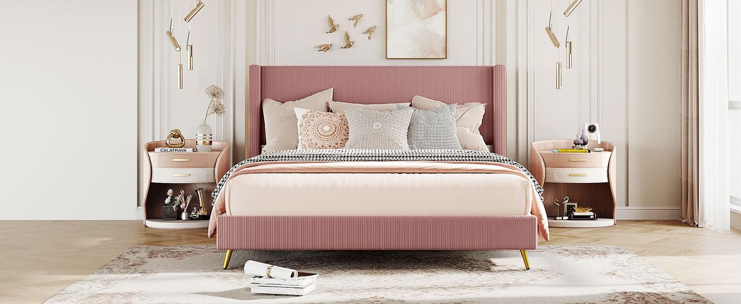 Queen Size Corduroy Platform Bed with Metal Legs, Pink