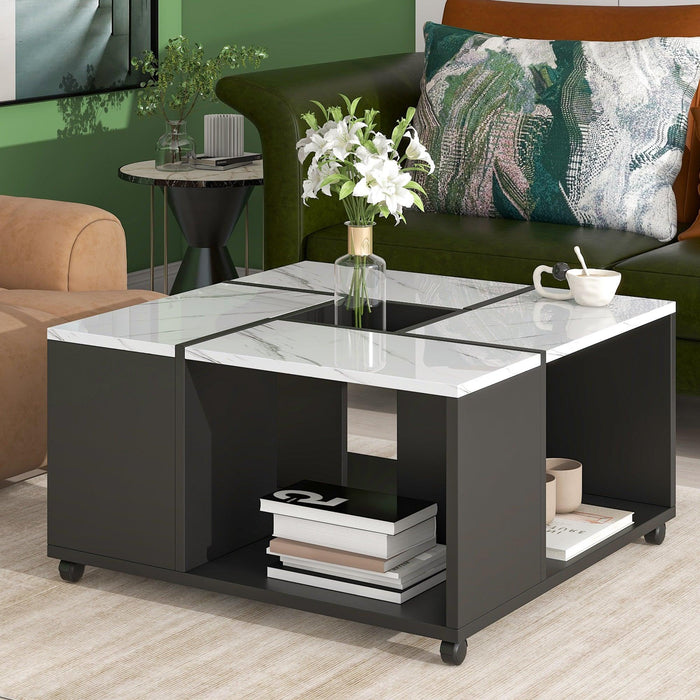 Modern 2-layer Coffee Table with Casters, Square Cocktail Table with Removable Tray，UV High-gloss Marble Design Center Table for Living Room，31.4”x 31.4”