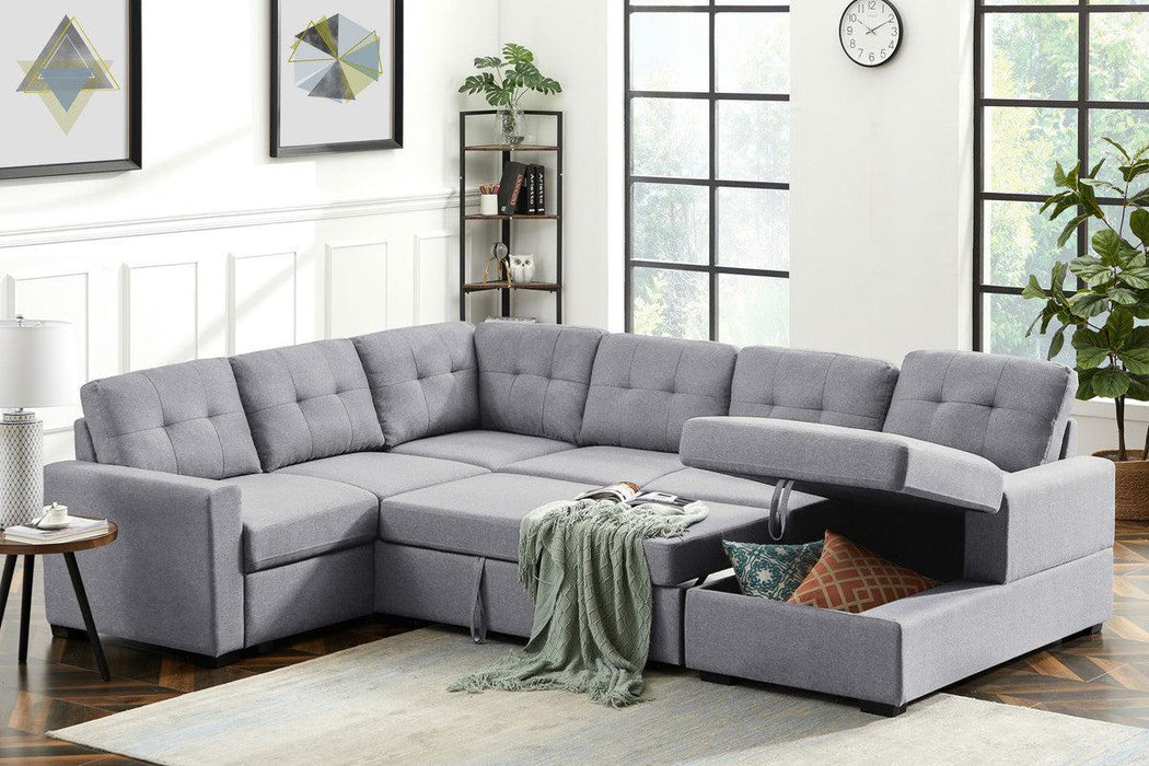 Selene Light Gray Linen Fabric Sleeper Sectional Sofa withStorage Chaise