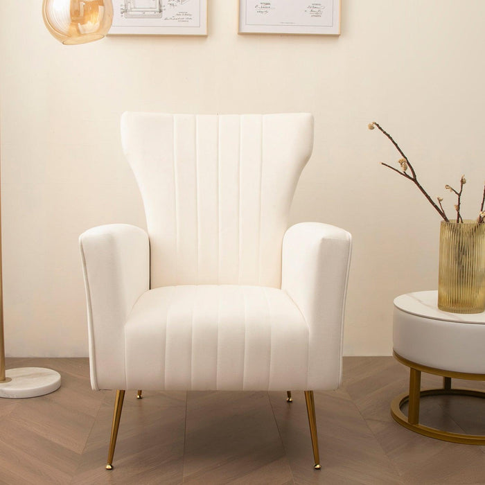 Velvet Accent Chair, Wingback Arm Chair with Gold Legs, Upholstered Single Sofa for Living Room Bedroom, White