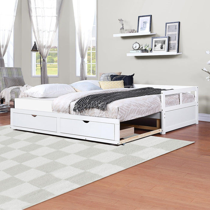 Wooden Daybed with Trundle Bed and TwoStorage Drawers , Extendable Bed Daybed,Sofa Bed for Bedroom Living Room,White