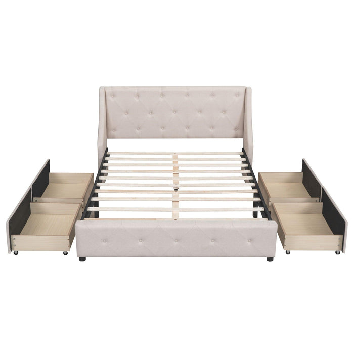 Upholstered Platform Bed with Wingback Tufted Headboard and 4 Drawers, No Box Spring Needed, Linen Fabric, Queen Size Beige