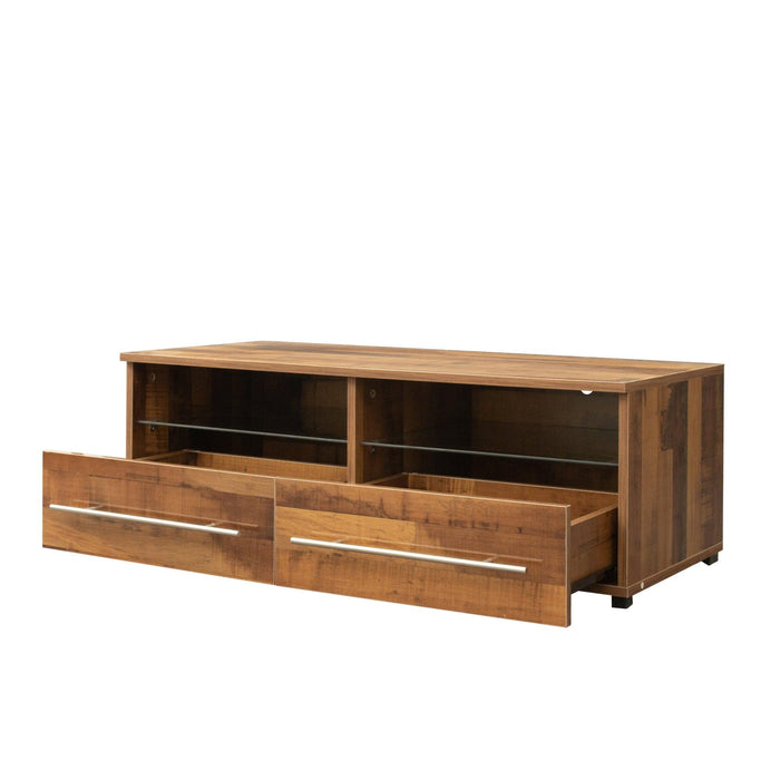 The Wood grain color TV cabinet has two drawers with color-changing light strips