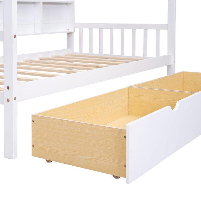 Wooden Twin Size House Bed with 2 Drawers,Kids Bed withStorage Shelf, White