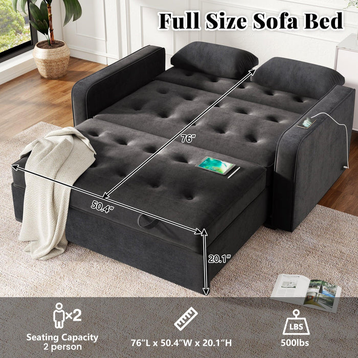 65.7" Linen Upholstered Sleeper Bed , Pull Out Sofa Bed Couch attached two throw pillows,Dual USB Charging Port and Adjustable Backrest for Living Room Space，Black