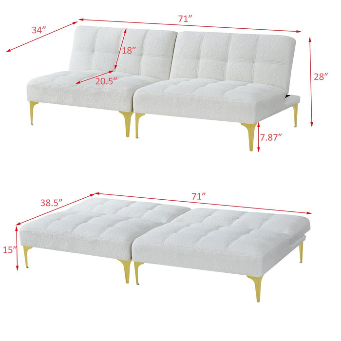 Convertible sofa bed futon with ld metal legs teddy fabric (White)