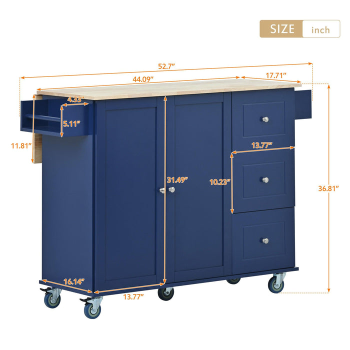 Rolling Mobile Kitchen Island with Drop Leaf - Solid Wood Top, Locking Wheels &Storage Cabinet 52.7 Inch Width（Dark blue）