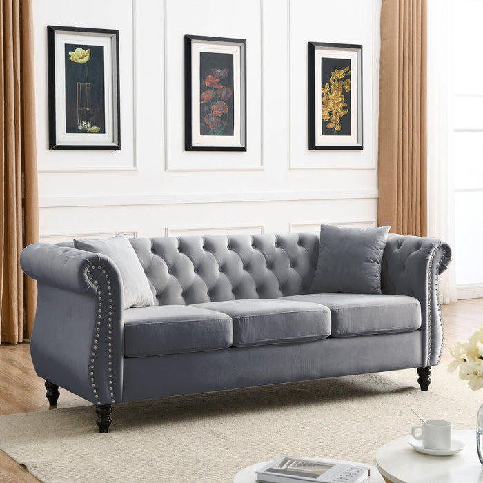 80" Chesterfield Sofa Grey Velvet for Living Room, 3 Seater Sofa Tufted Couch with Rolled Arms and Nailhead for Living Room, Bedroom, Office, Apartment, two pillows