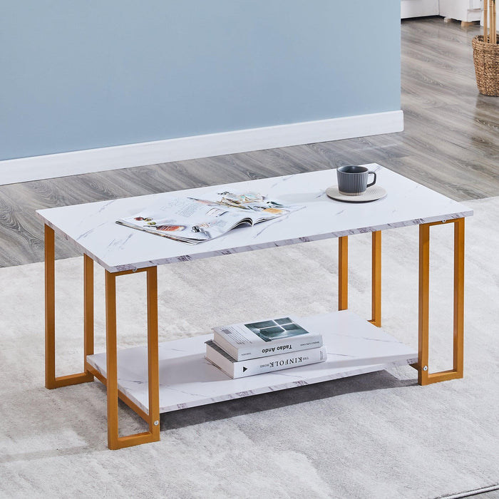 Coffee Table, 2 Layers 1.5cm Thick Marble MDF Rectangle 39.37" L Tabletop Iron Coffee Table , Dining Room, Coffee Shop, Resterant, White Top, ld Leg