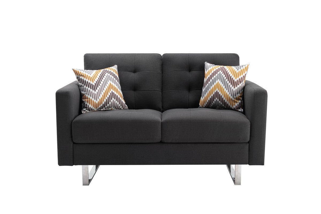 Victoria Dark Gray Linen Fabric Loveseat Chair Living Room Set with Metal Legs, Side Pockets, and Pillows