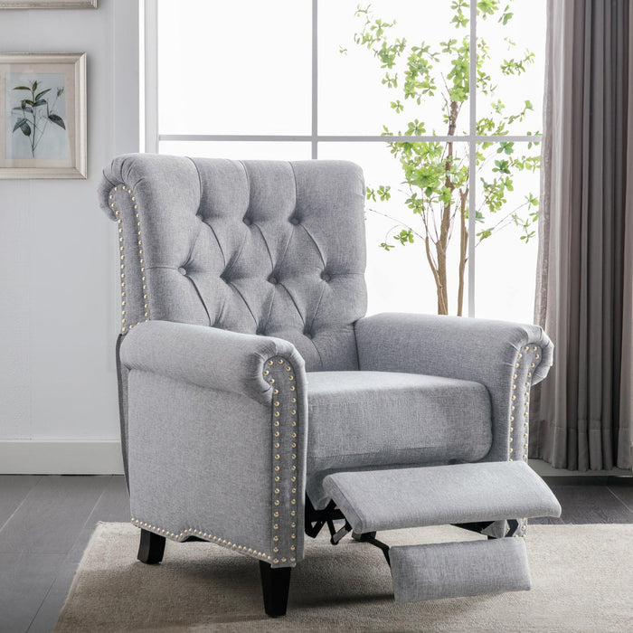 Pushback Linen Tufted Recliner Single Sofa with Nailheads Roll Arm for Living Room, Bedroom, Office, Gray