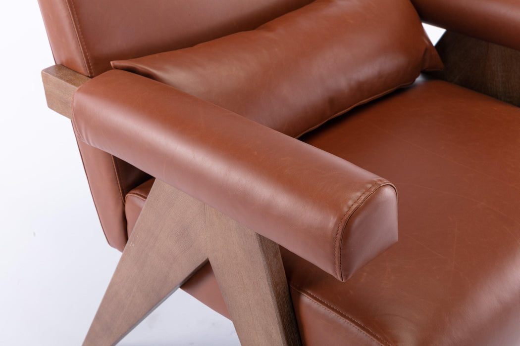 Accent chair, KD rubber wood legs with Walnut finish. PU leather cover the seat. With a cushion.Brown