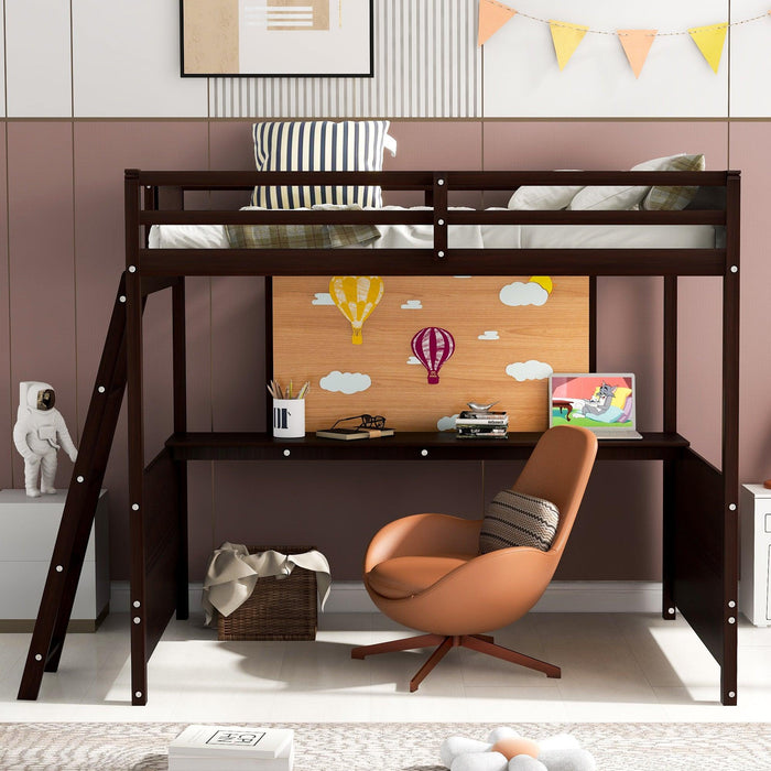 Full size Loft Bed with Desk and Writing Board, Wooden Loft Bed with Desk - Espresso