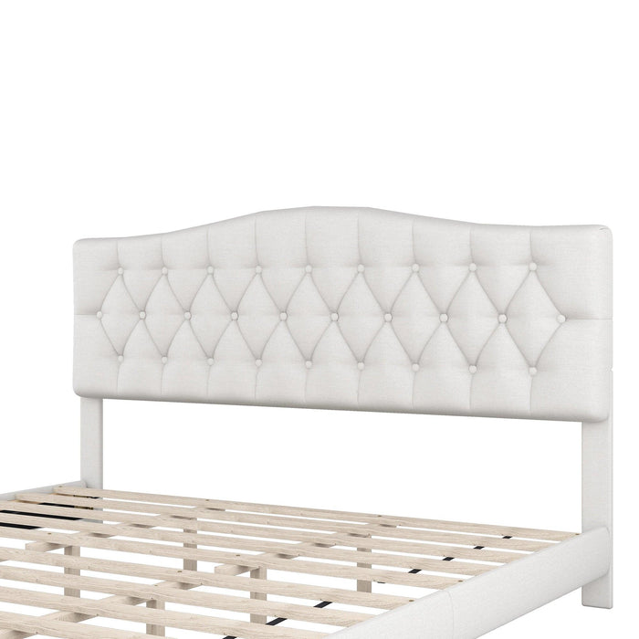 Upholstered Platform Bed with Saddle Curved Headboard and Diamond Tufted Details, King, Beige