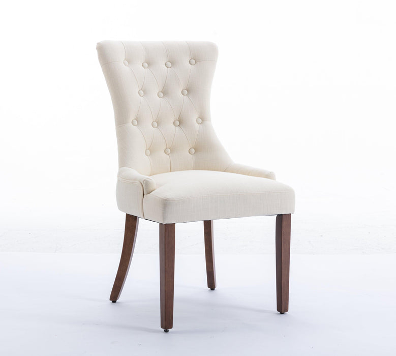 Classic Button Tufted Beige Linen Fabric Upholstered Dining Chair with Solid Wood Legs 2 PCS