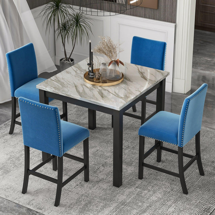 5-piece Counter Height Dining Table Set with One Faux Marble Dining Table and Four Upholstered-Seat Chairs, Table top: 40in.L x40in.W, for Kitchen and Living room Furniture,Blue