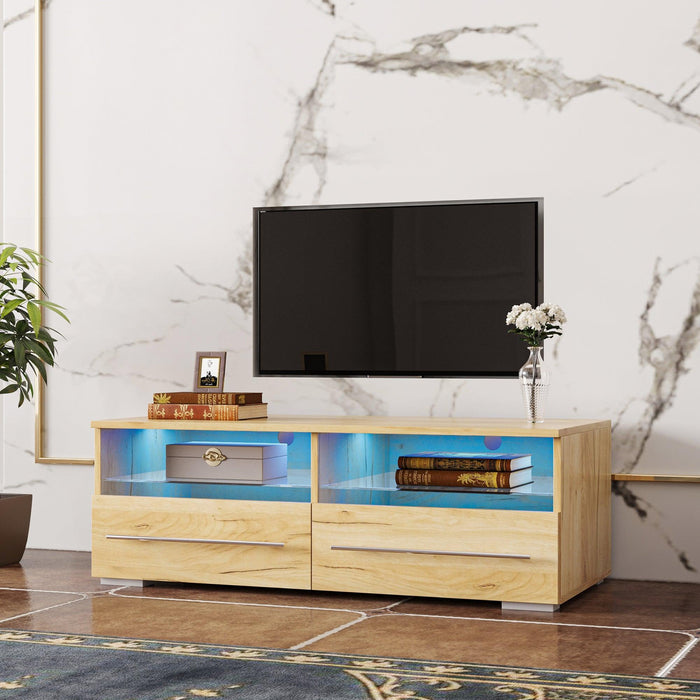 The Wood grain color TV cabinet has two drawers with color-changing light strips