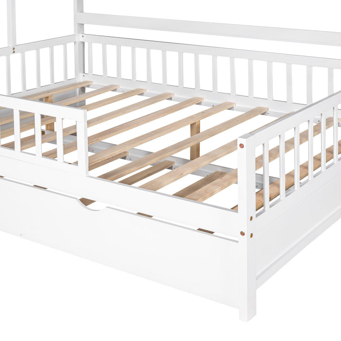 Wooden Full Size House Bed with Twin Size Trundle,Kids Bed with Shelf, White