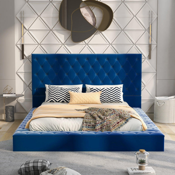 Queen Size Upholstery Low ProfileStorage Platform Bed withStorage Space on both Sides and Footboard,Blue