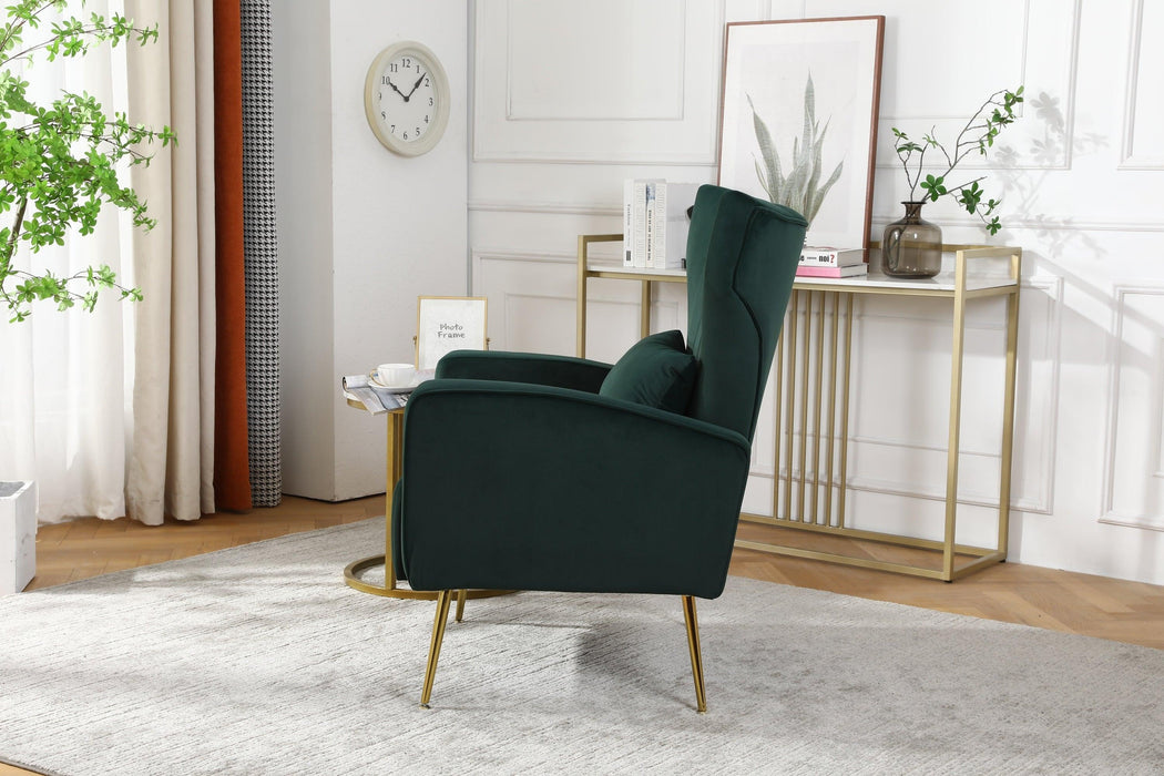 Velvet Accent Chair,Modern Living Room Armchair Comfy Upholstered Single Sofa Chair for Bedroom Dorms Reading Reception Room with Gold Legs & Small Pillow, Dark Green