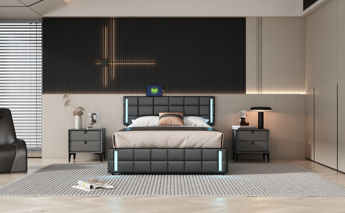 Queen Size Upholstered Platform Bed with LED Lights and USB Charging,Storage Bed with 4 Drawers, Black