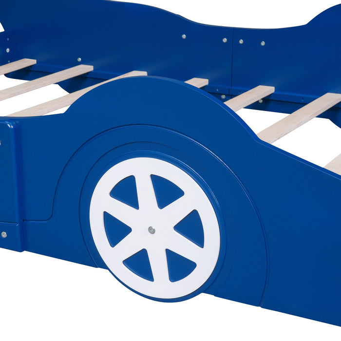 Full Size Race Car-Shaped Platform Bed with Wheels,Blue