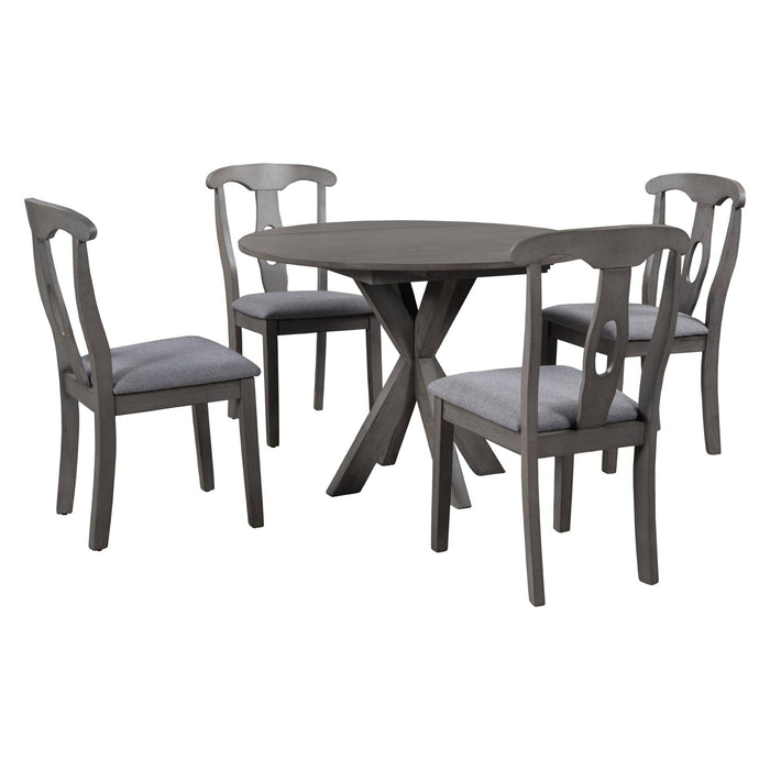 Rustic Farmhouse 5-Piece Wood Round Dining Table Set for 4, Kitchen Furniture with Drop Leaf and 4 Padded Dining Chairs for Small Places, Grey