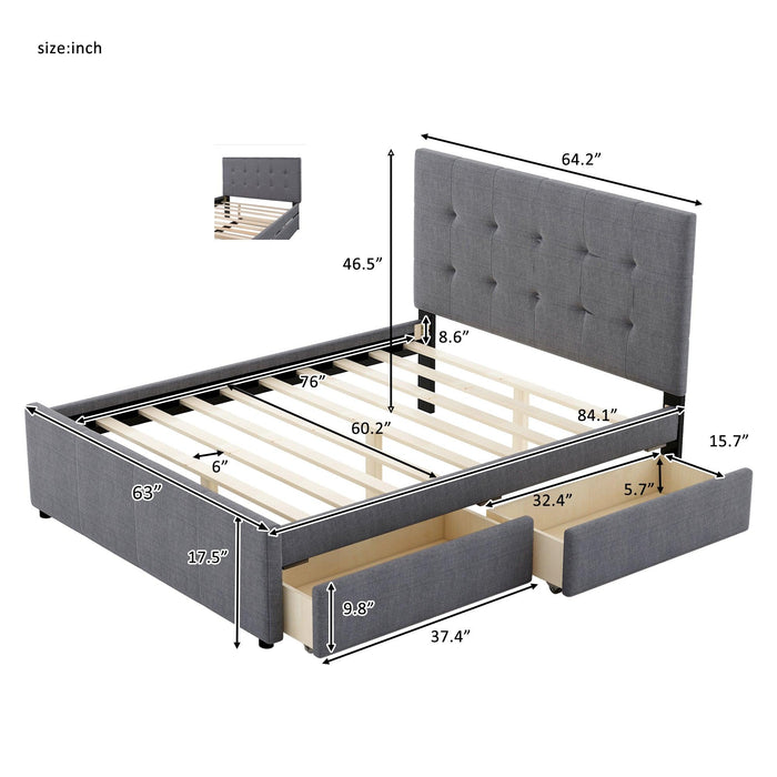 Queen Size Linen Upholstered Platform Bed With Headboard and Two Drawers,Gray