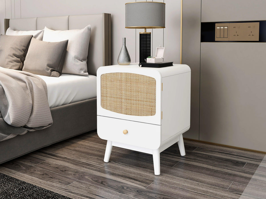 White Nightstand,  Bedside Table withStorage Drawe/ Rattan Door