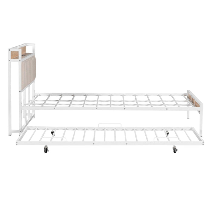 Queen Size Metal Platform Bed Frame with Twin size trundle, Upholstered headboard ，Sockets, USB Ports and Slat Support ,No Box Spring Needed，White