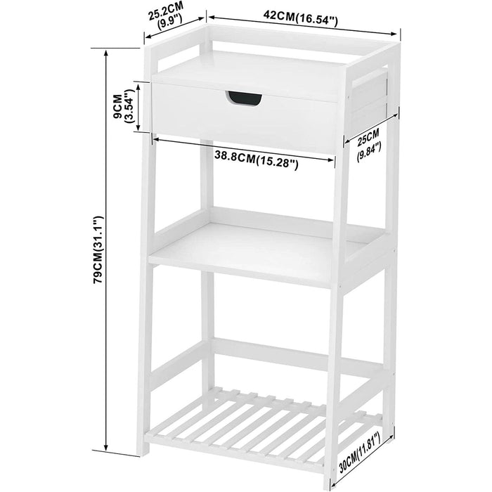 Bathroom Shelves, 3 Tier Ladder Shelf with Drawers, Bamboo Nightstand Open Shelving, Bookshelf Bookcase End Table Plant Stand for Living Room, Bedroom, Bathroom, Kitchen (White)